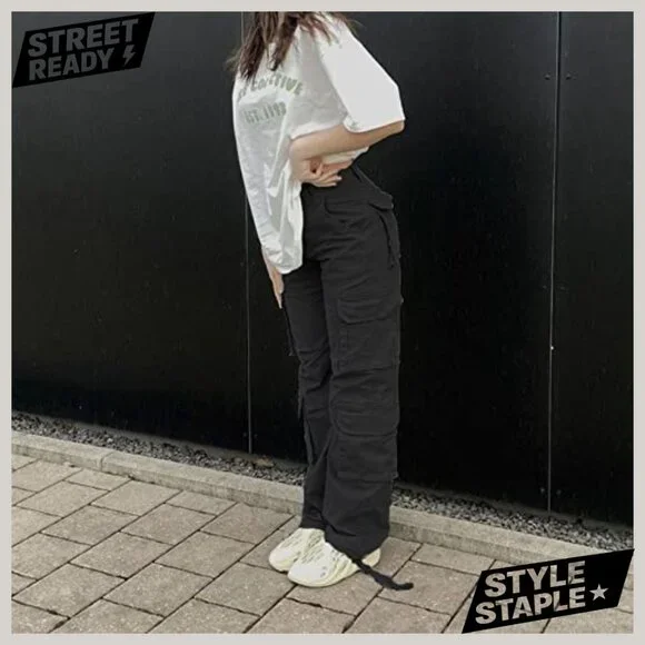 High Waisted Cargo Pants Women Baggy Y2K Straight Wide Leg Streetwear Pockets - Picture 2 of 6